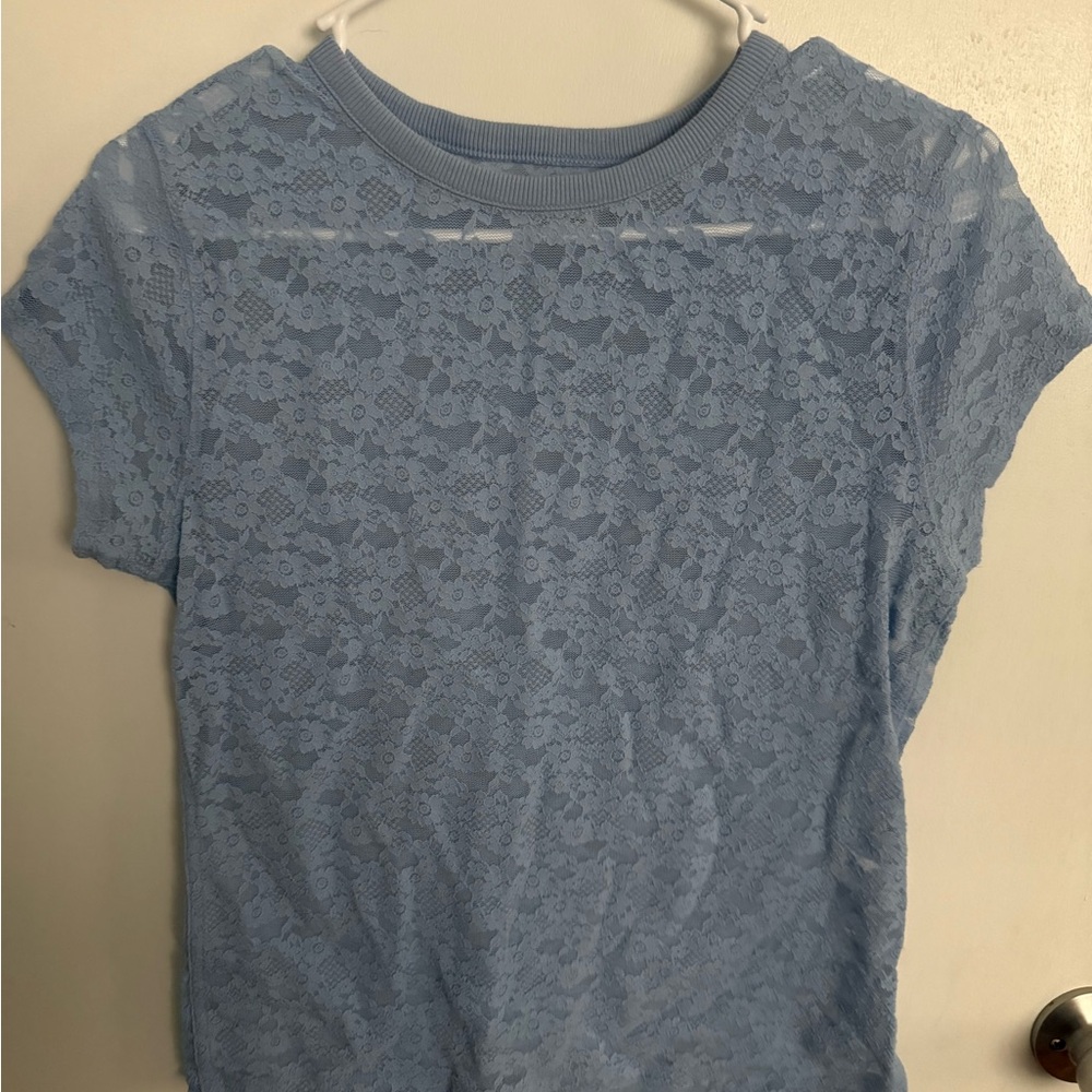 Aerie Light Blue Lace Short Sleeve Top